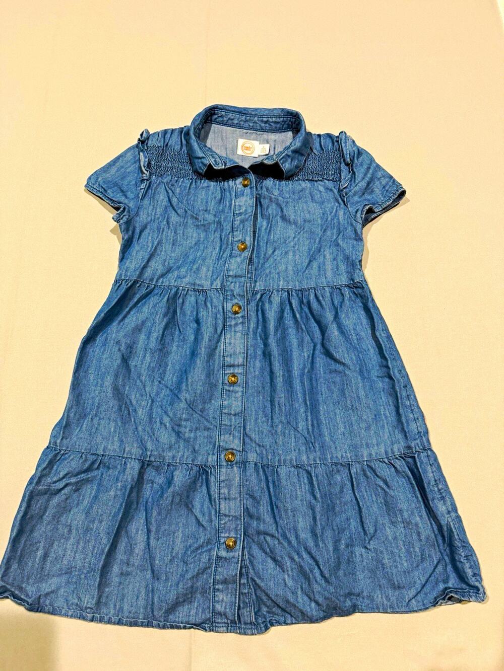 Wonder Nation Girls Blue Denim Shirt Dress Collared Button Front Smocked